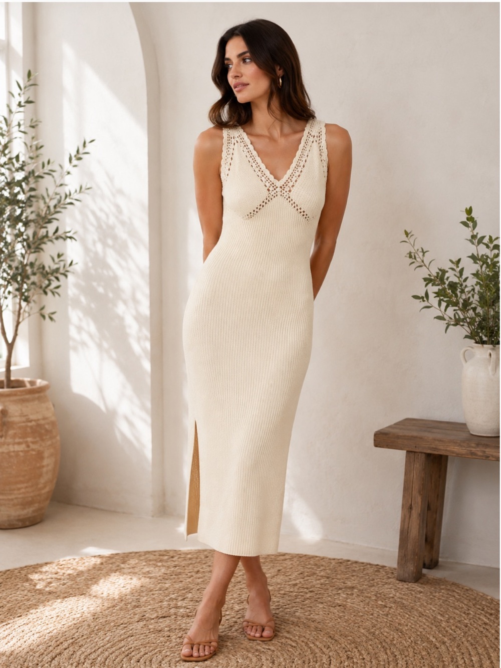 10 Crosby Derek Lam Cream Sleeveless V-Neck Knit Midi Dress